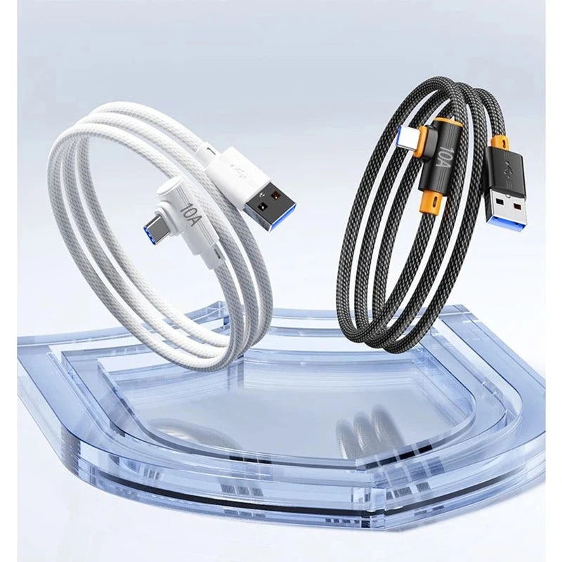 Black USB-C 240W charging cable by Corporación Turística, 1.5 meters, with 90° connector for Samsung, Huawei, and iPhone.