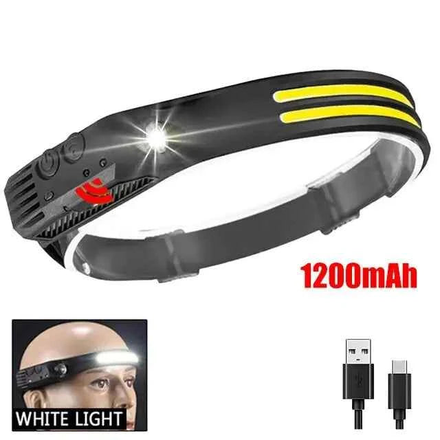 Two rechargeable LED COB headlamps with motion sensors, perfect for outdoor activities, featuring USB charging from Corporación Turística.