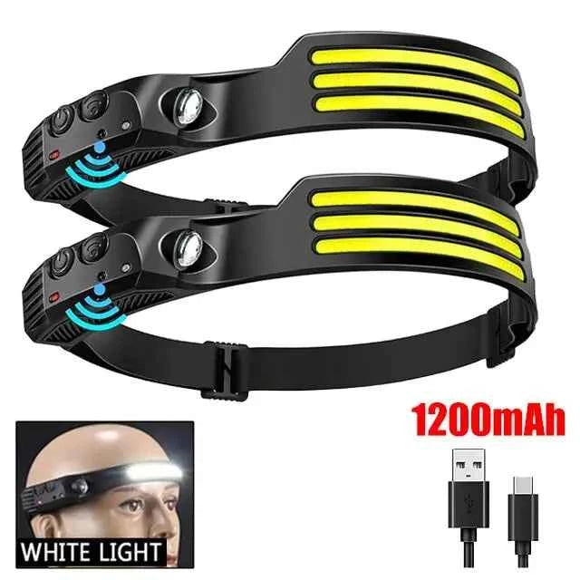 Pair of LED COB rechargeable headlamps with motion sensors for outdoor use, featuring USB charging and bright white light.