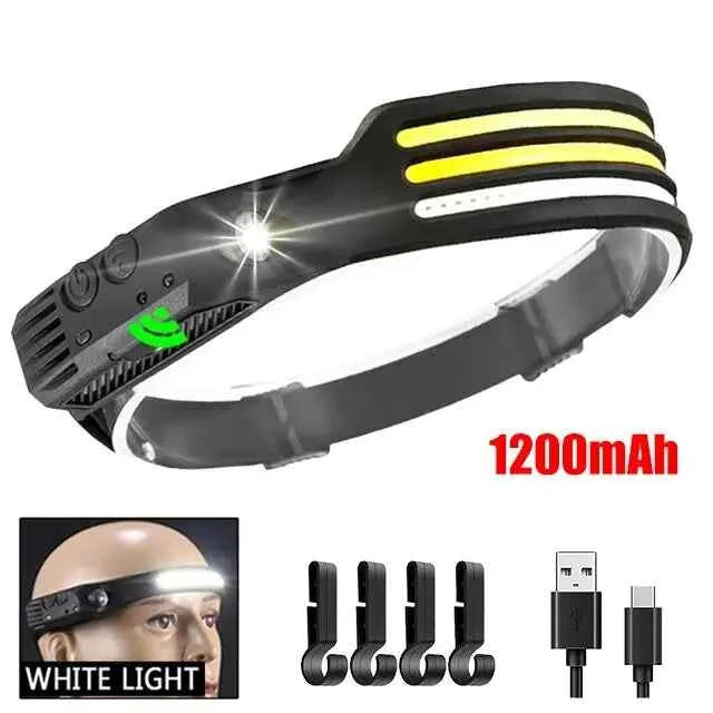 Two white LED COB rechargeable headlamps with motion sensors for outdoor use, featuring USB charging from Corporación Turística.