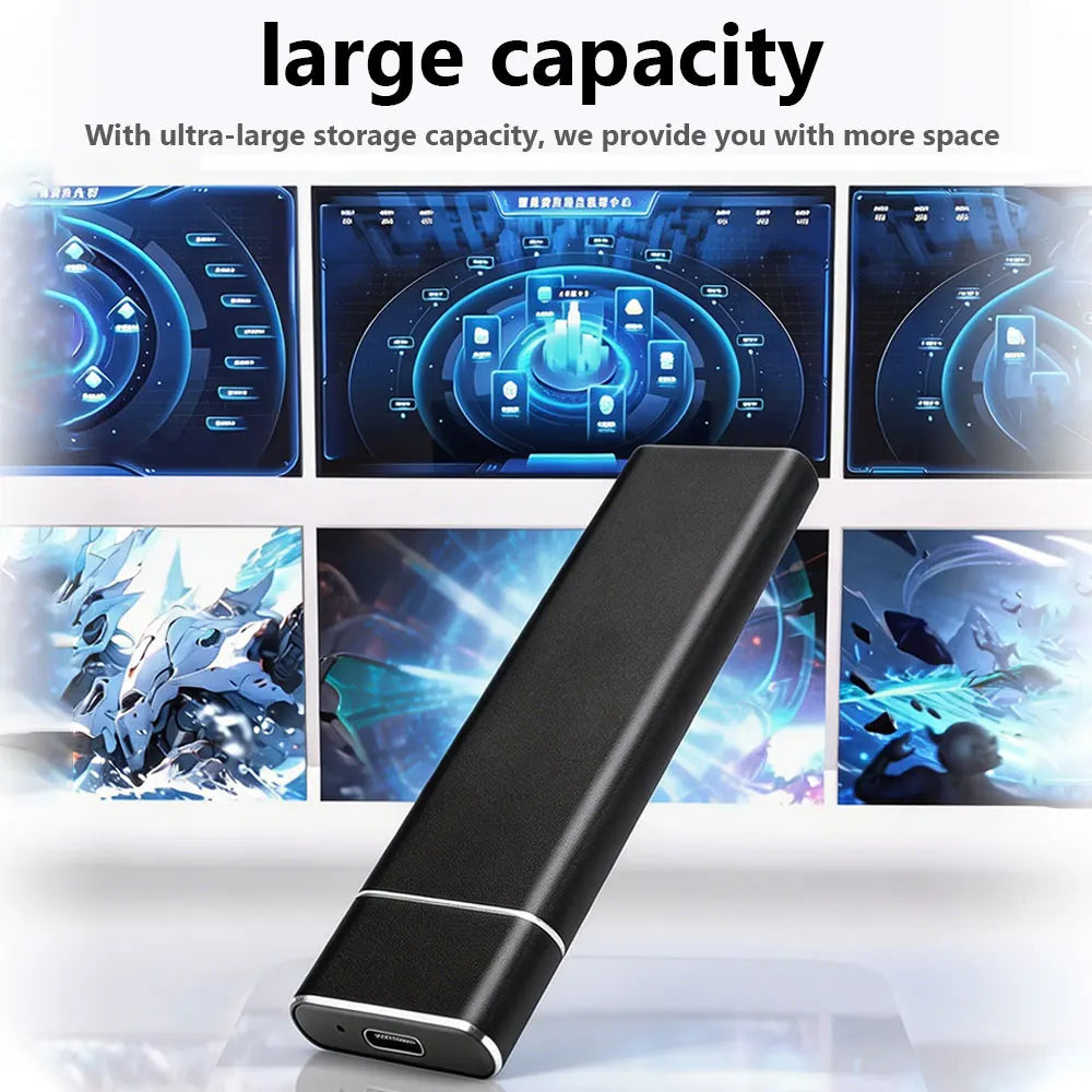 Portable 8TB SSD external drive by Corporación Turística with USB 3.1 Type-C port, black compact design, fast data transfer.