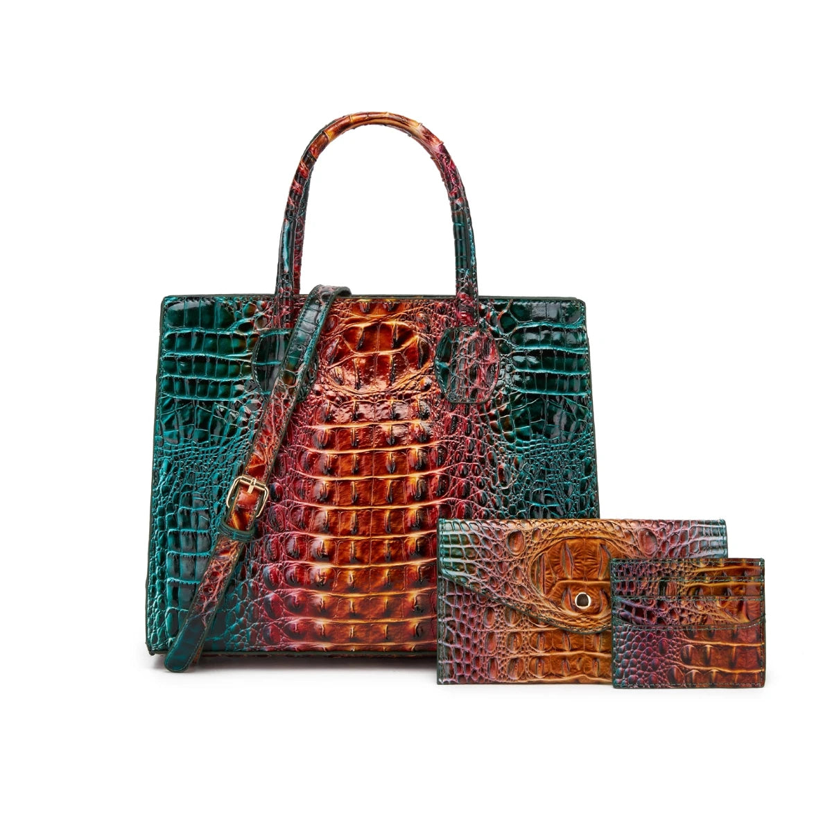 Set of three large capacity women's handbags in emerald green by Corporación Turística, designed for stylish everyday use.