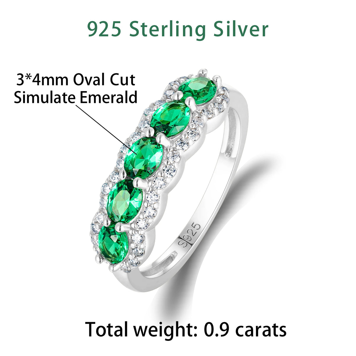 Oval-shaped XCY silver ring with simulated emerald for women, featuring a white gold finish and elegant design.