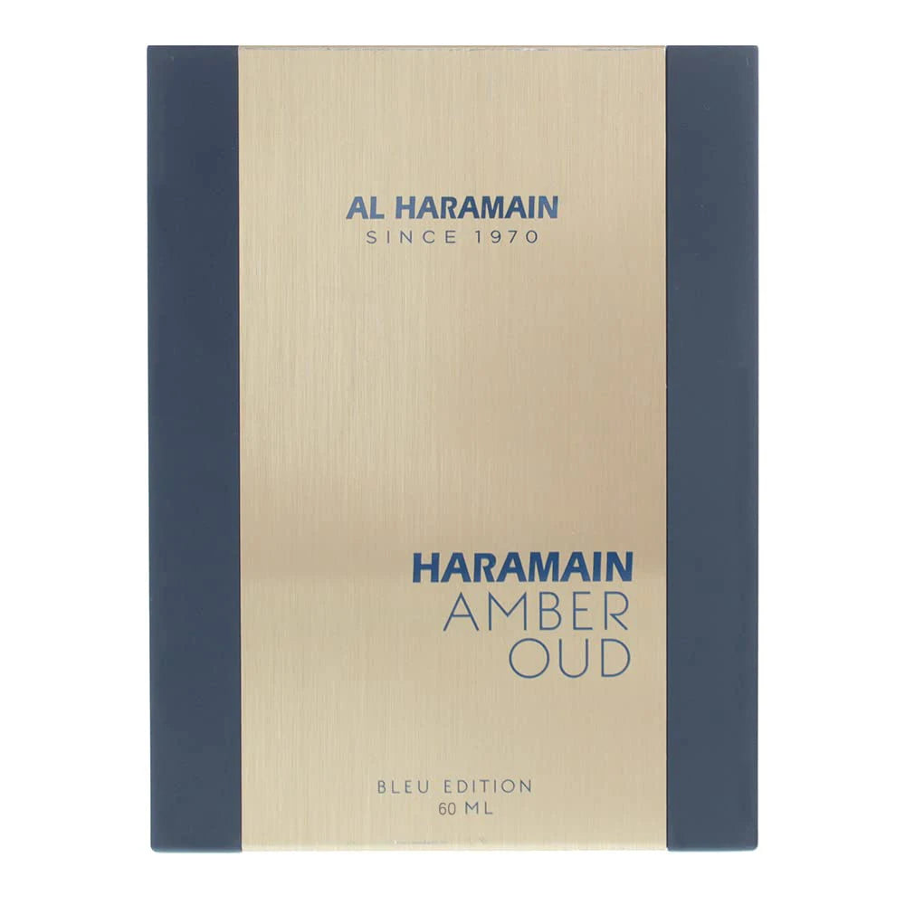 Amber Oud Blue Edition Eau De Parfum by Al Haramain, 60ml bottle, featuring rich amber and oud notes in a sleek perfume bottle.