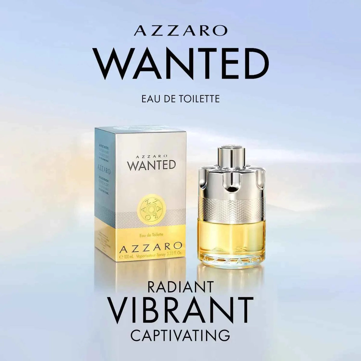 Azzaro Wanted Eau De Toilette for men, vibrant cologne bottle, with sleek design and bold branding, displayed on a neutral background.