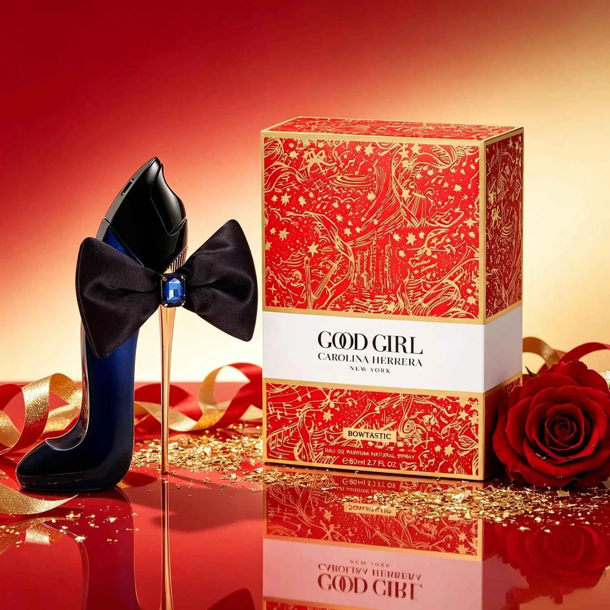 Carolina Herrera Good Girl Bowtastic Edition Eau de Parfum bottle with a black bow and elegant design, showcasing the perfume's packaging.