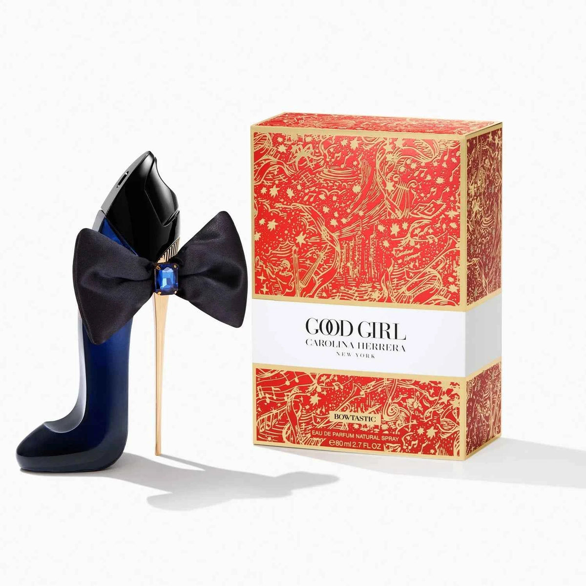 Carolina Herrera Good Girl Bowtastic Edition Eau de Parfum bottle featuring a sleek black design with a decorative bow and gold accents.