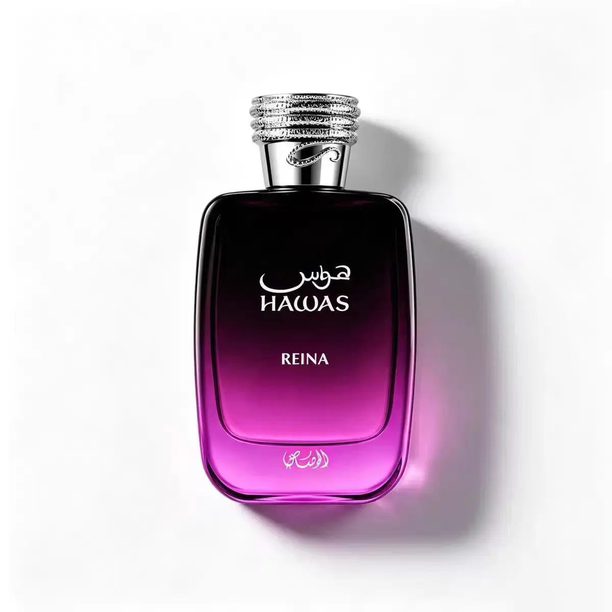 Hawas Reina perfume in a purple-black gradient glass bottle, showcasing elegant design and branding from Corporación Turística.