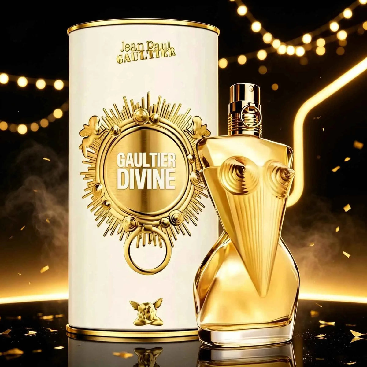 Gaultier Divine perfume bottle with a shiny, elegant design, showcasing the luxurious fragrance by Corporación Turística.
