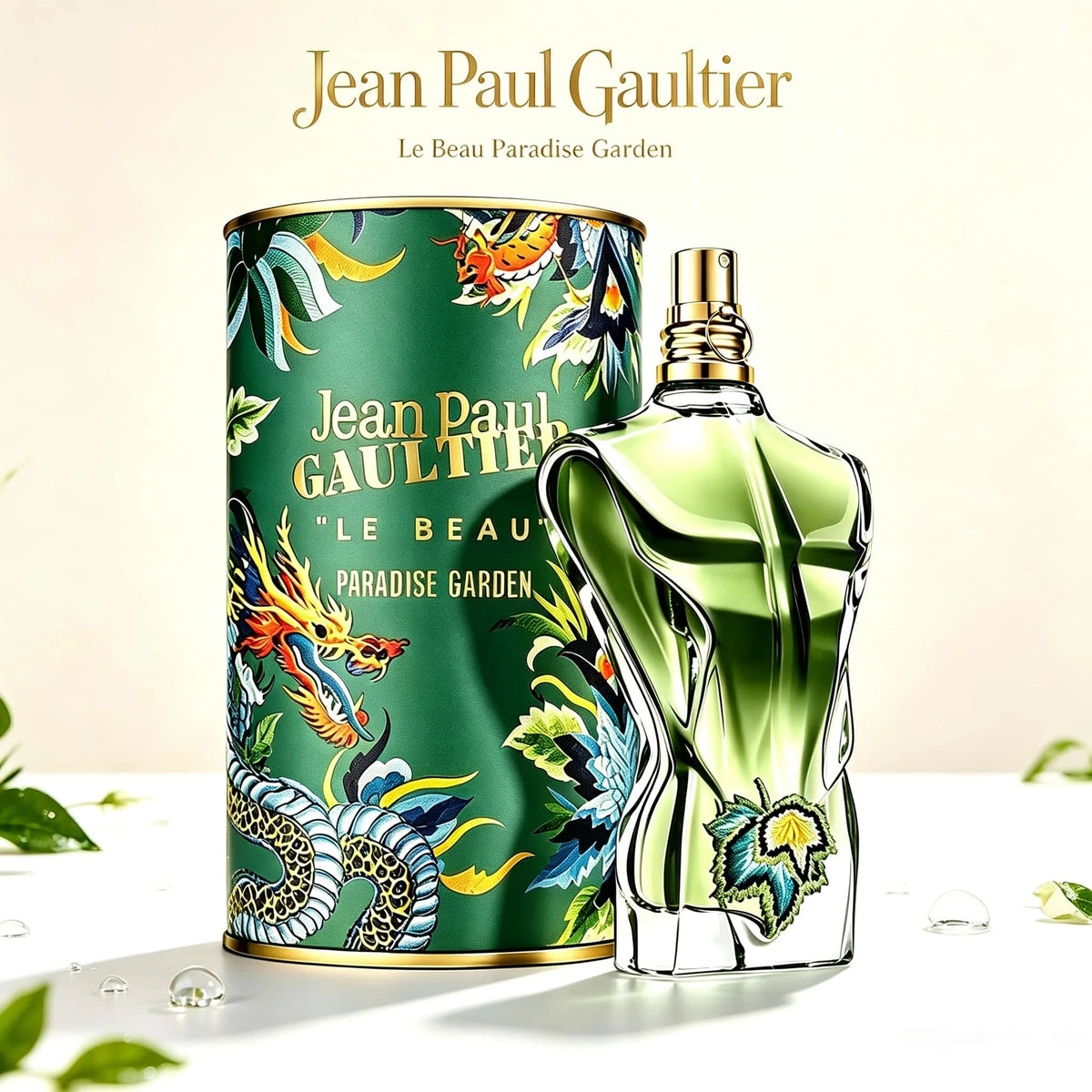 Jean Paul Gaultier Le Beau Paradise Garden perfume in a floral bottle, featuring vibrant packaging and elegant design.
