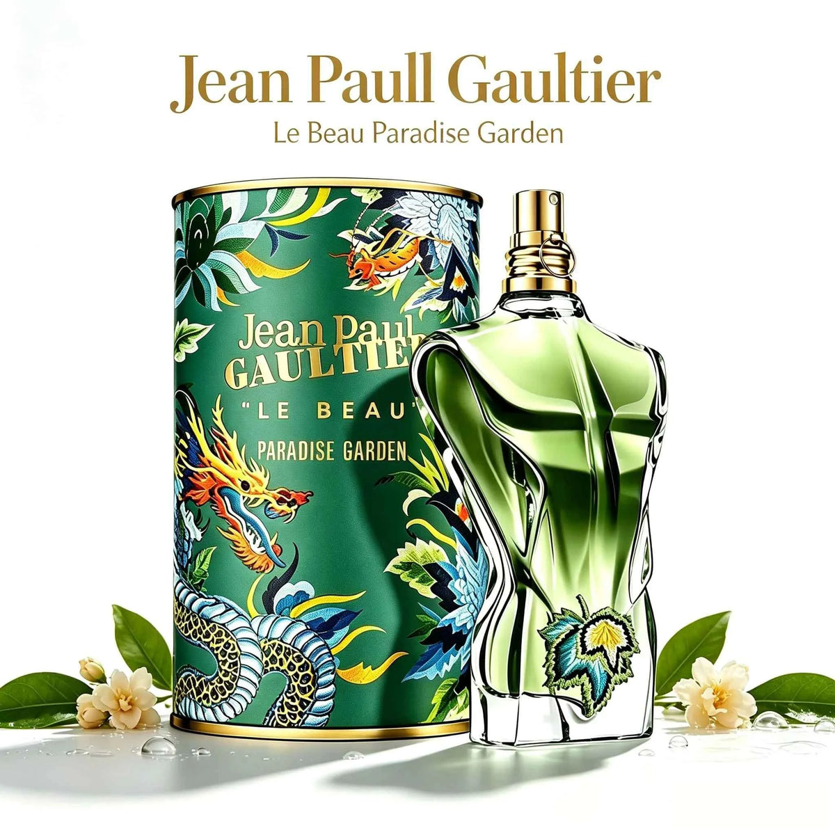 Jean Paul Gaultier Le Beau Paradise Garden perfume in a decorative bottle, showcased with floral and tropical design elements.