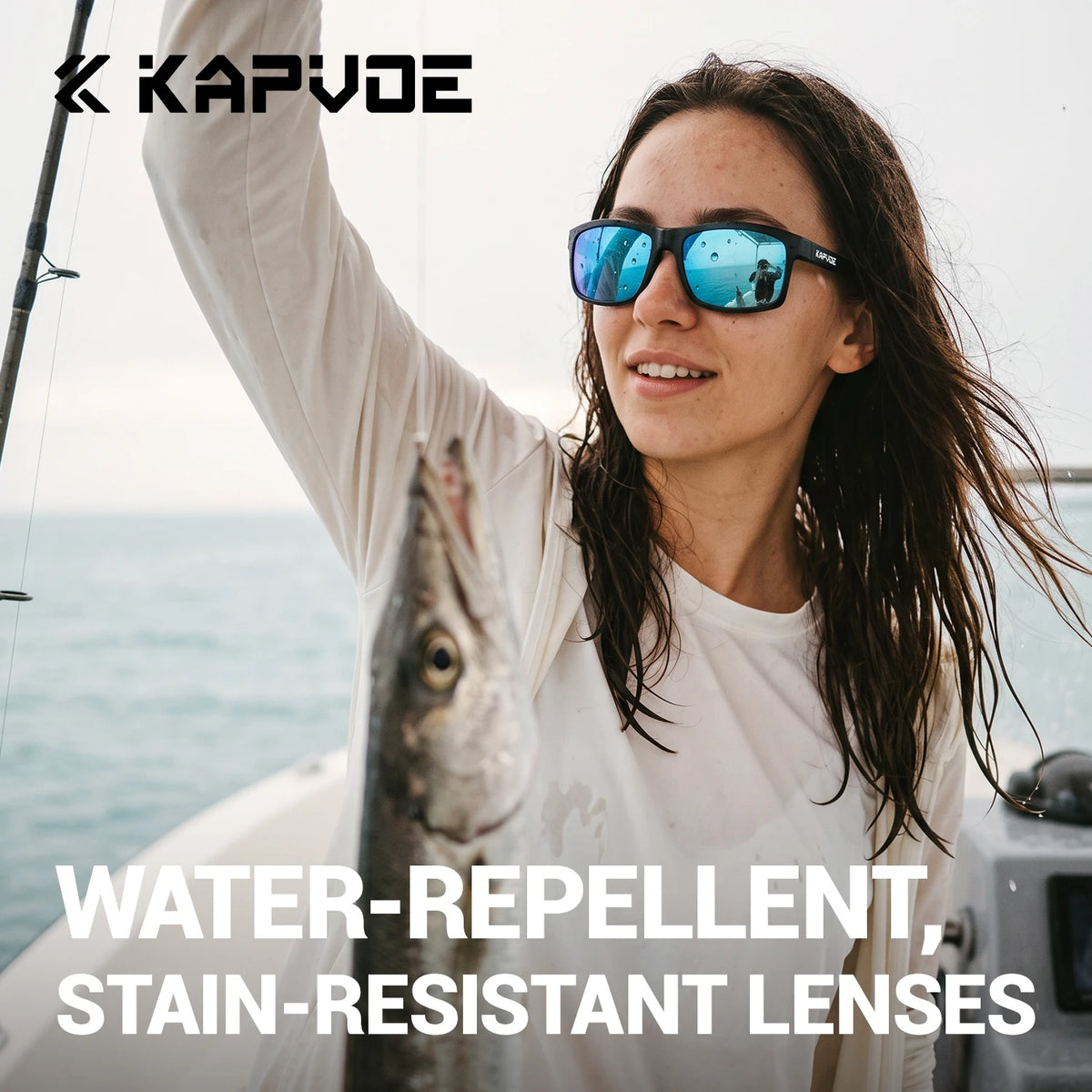 Polarized anti-reflective cycling glasses by KAPVOE, designed for sun protection, with clear lenses and sporty black frame.