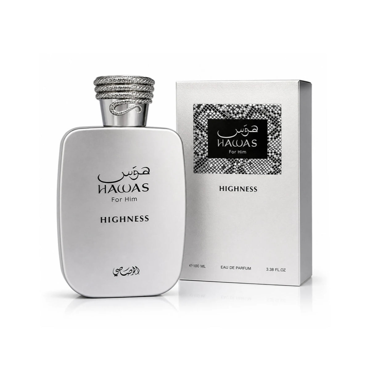 Rasasi Hawas Highness Eau de Parfum spray for men, featuring a sleek bottle design with elegant branding.
