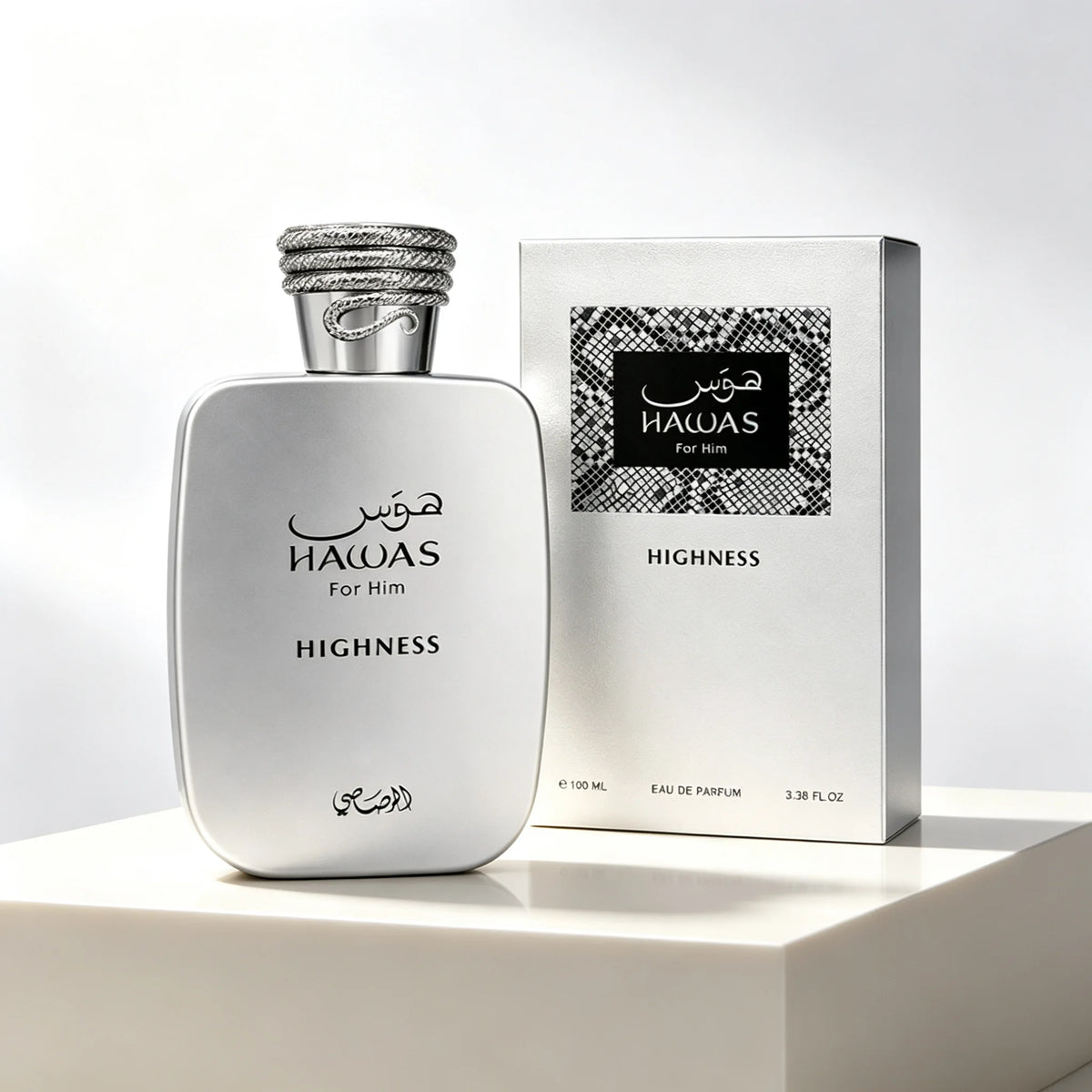 Rasasi Hawas Highness Eau de Parfum spray for men, featuring a sleek bottle design and elegant branding.