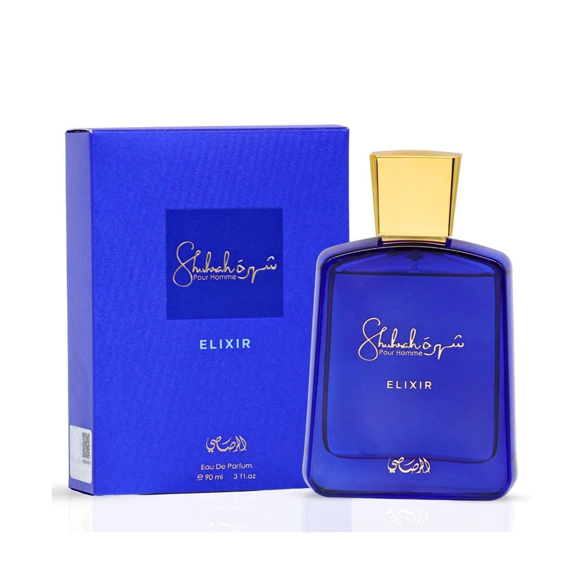 Rasasi Shuhrah Elixir Pour Homme Eau de Parfum spray 90ml by Corporación Turística, featuring dark fragrance liquid in a sleek bottle
