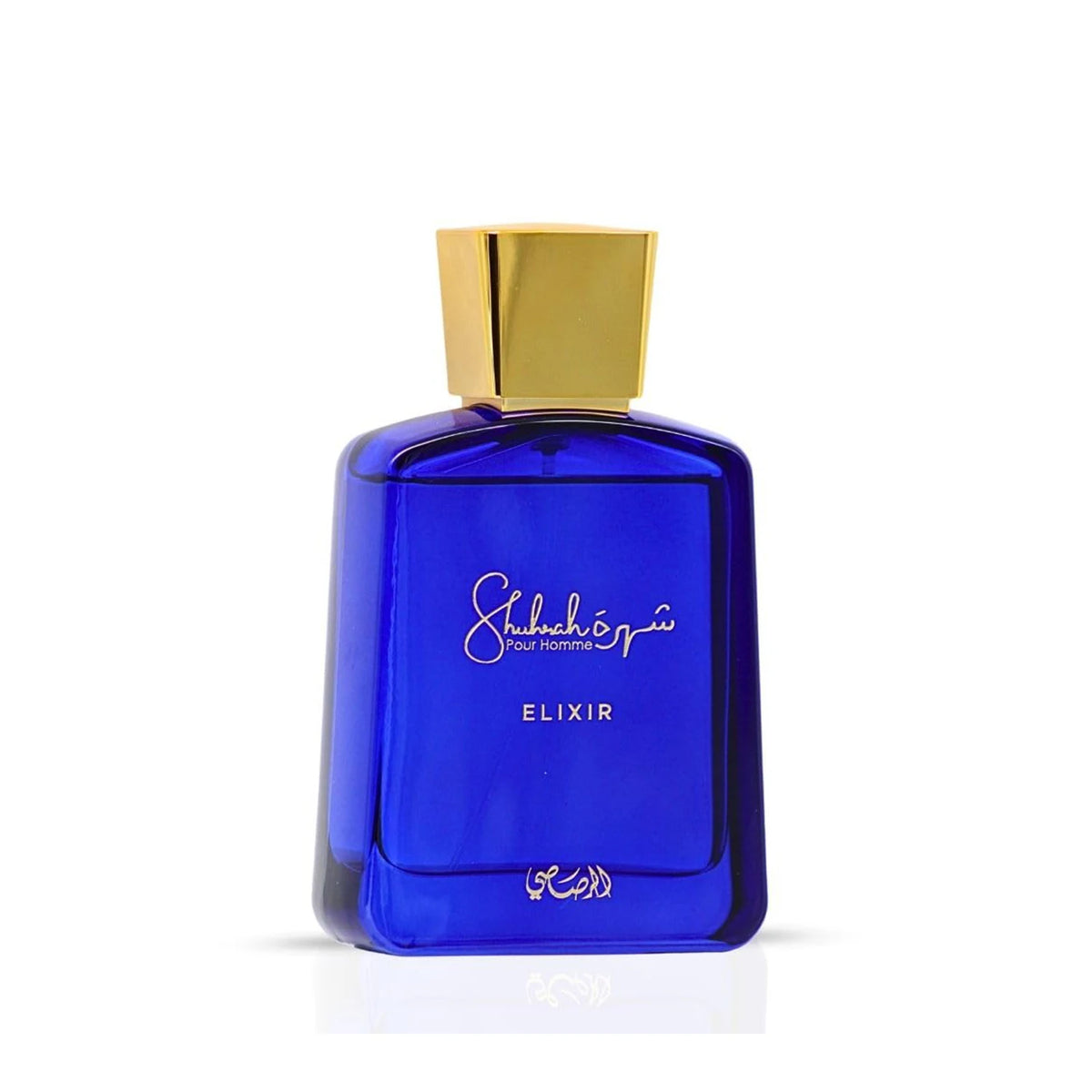 Rasasi Shuhrah Elixir Pour Homme Eau De Parfum spray in 90ml bottle, featuring a sleek design and masculine fragrance.