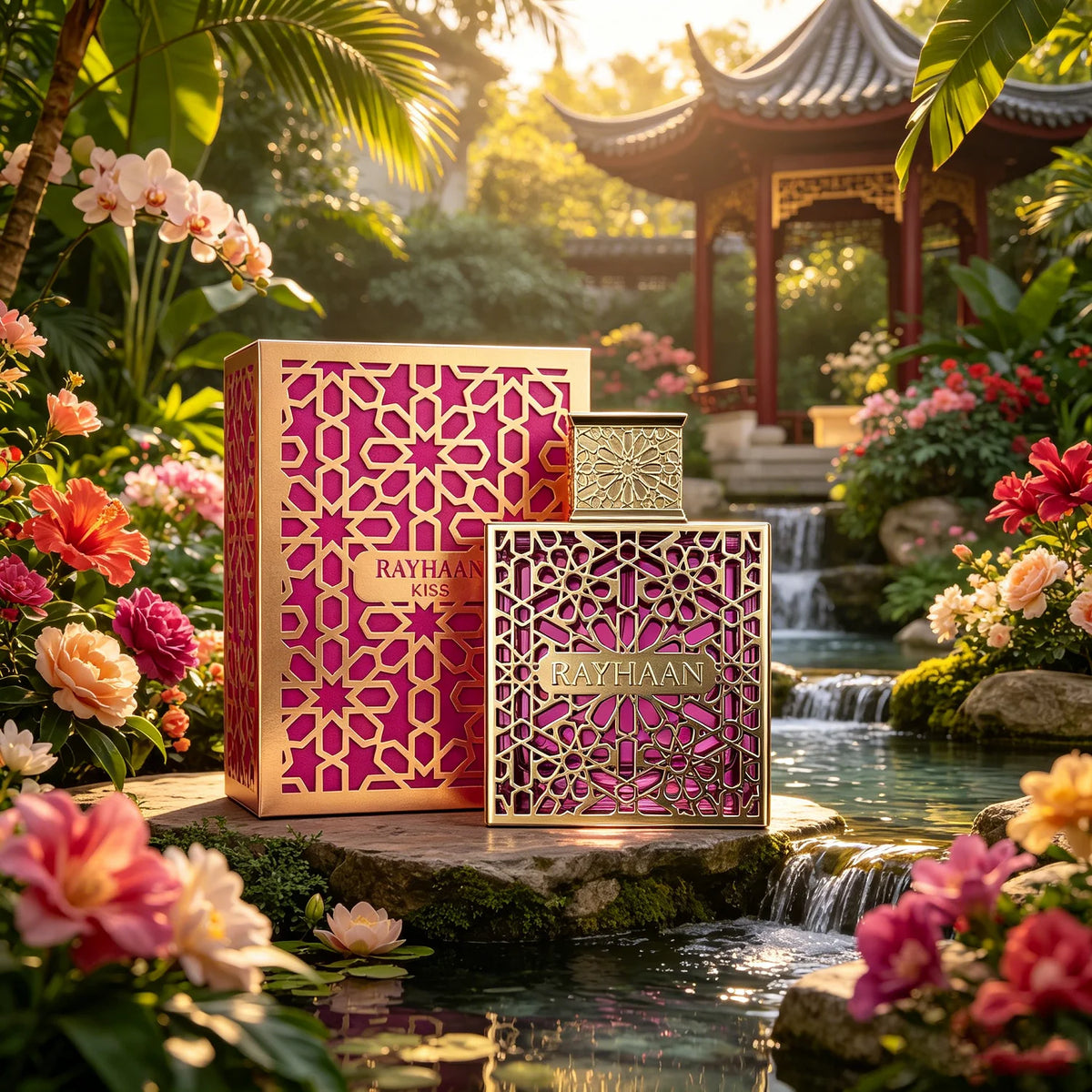 Rayhaan Kiss Eau de Parfum spray for women by Corporación Turística, featuring a stylish bottle and floral fragrance.