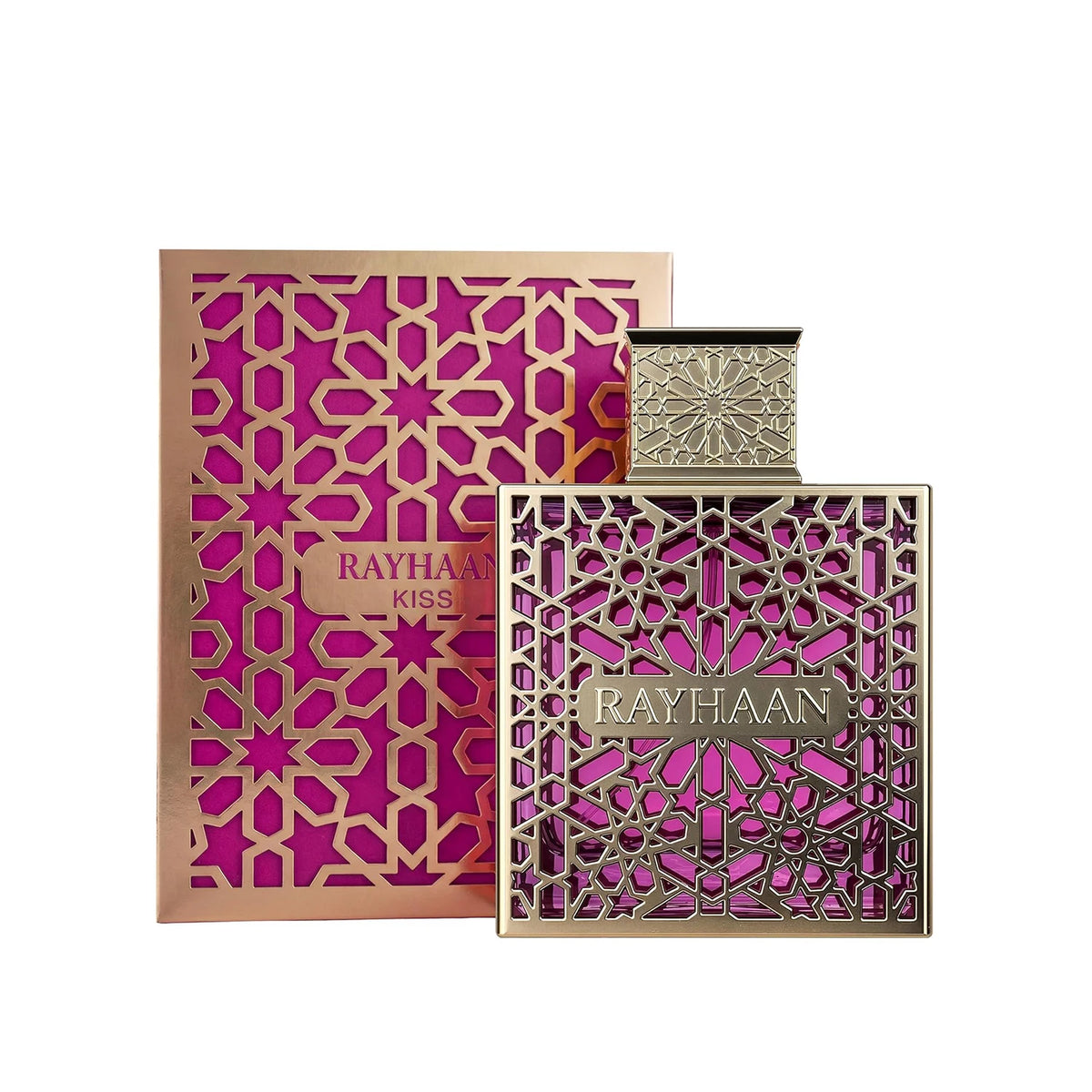 Rayhaan Kiss Eau de Parfum en spray para mujer by Corporación Turística, featuring elegant perfume bottle and floral design.