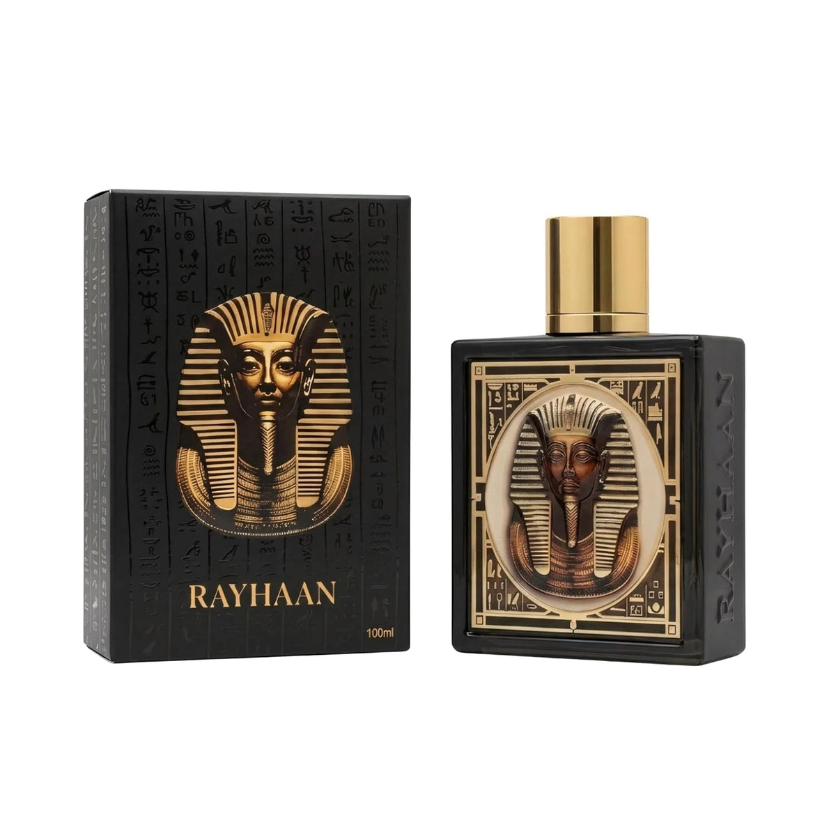 Rayhaan Pharaoh unisex Eau de Parfum spray by Corporación Turística, featuring elegant packaging and floral, woody fragrance notes.