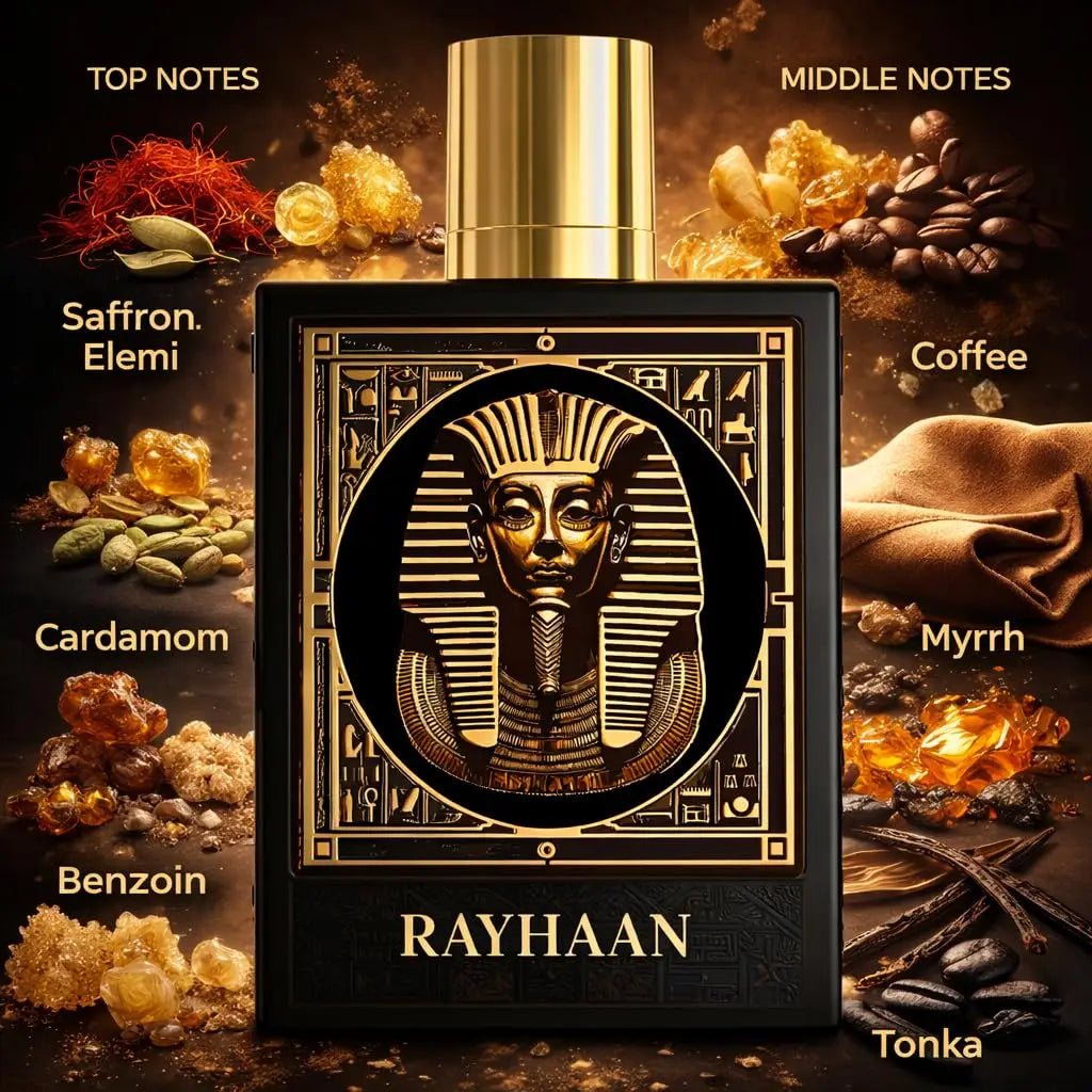 Rayhaan Pharaoh unisex Eau de Parfum spray by Corporación Turística, featuring a sleek bottle with an elegant fragrance design.