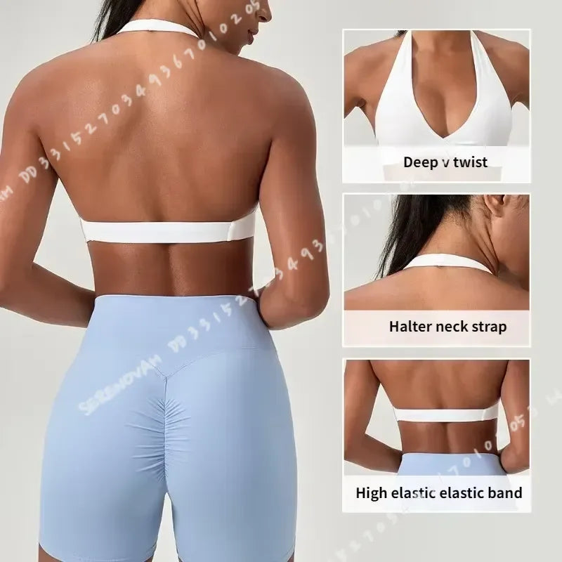Black women's yoga sports bra with halter neck, from Corporación Turística, shown on a model with a supportive fit.