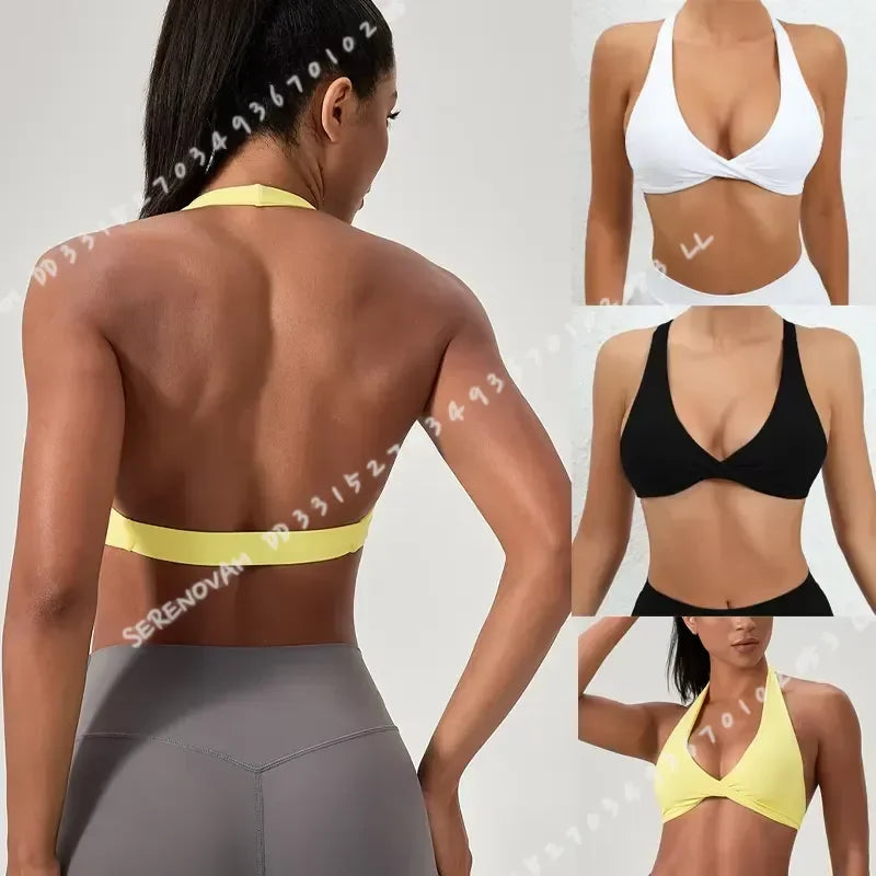 Black women's yoga sports bra with halter neck from Corporación Turística, shown on a mannequin, ideal for active wear and yoga practice.