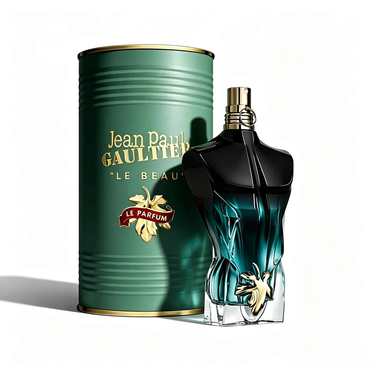 Jean Paul Gaultier Le Beau Le Parfum Intense for men bottle with green accents, displayed on a neutral background.