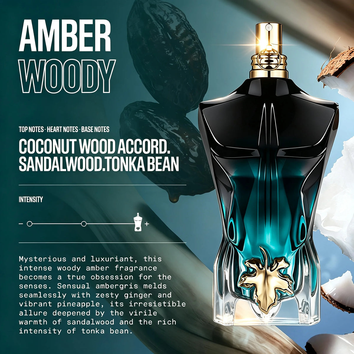 Jean Paul Gaultier Le Beau Le Parfum Intense for men, green bottle with cap, displayed in a sleek, modern design.