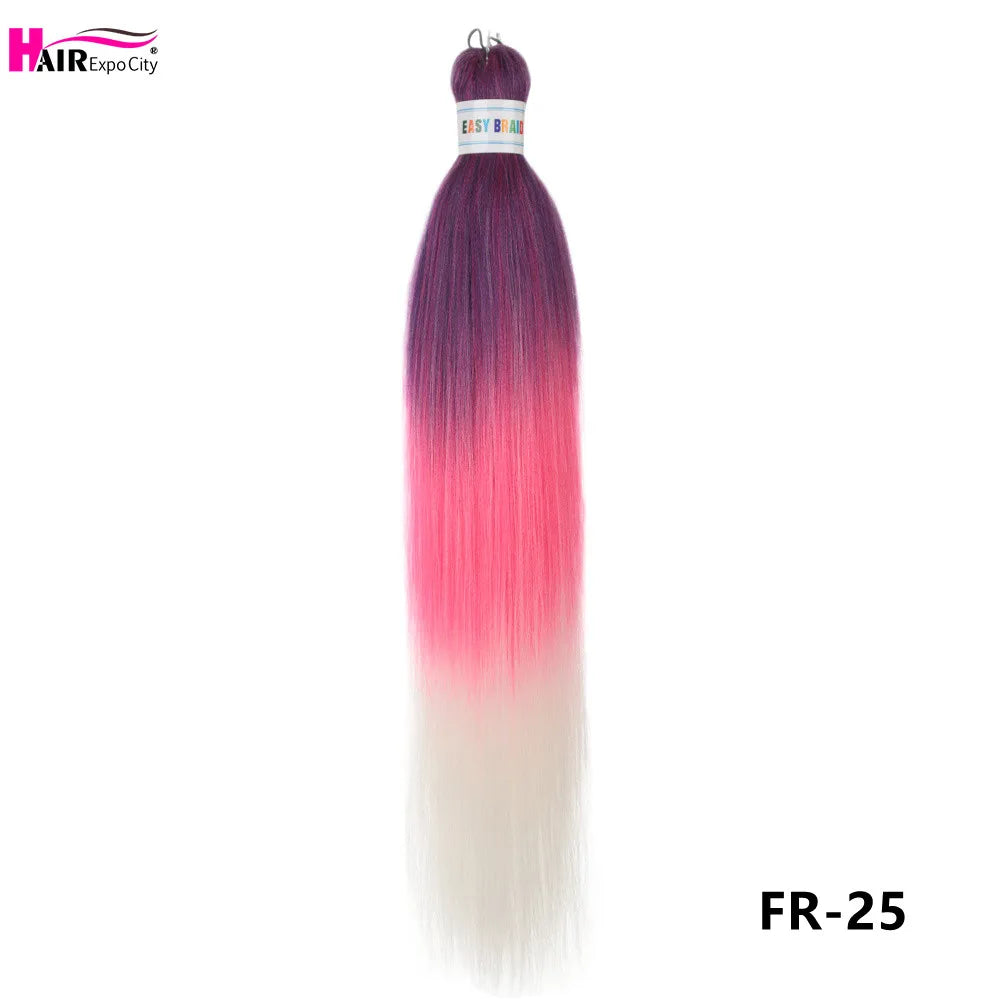 Synthetic 26-inch hair extensions with braided trenzas from Corporación Turística, shown in a bundle of three for versatile styling.
