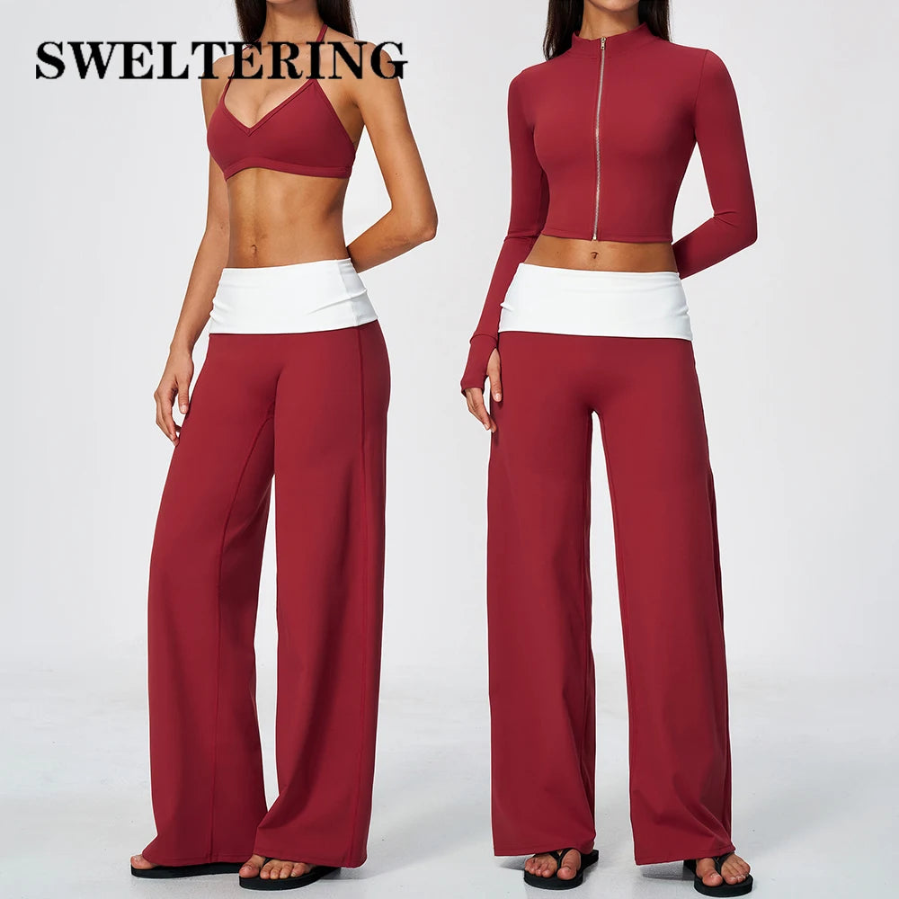 Contrast-colored 2-piece or 3-piece yoga set by Corporación Turística, featuring a top and bottoms in garnet red.