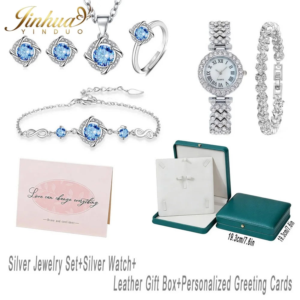 Classic Silver 925 jewelry set featuring blue stones, showcased in a stylish jewelry display bag.