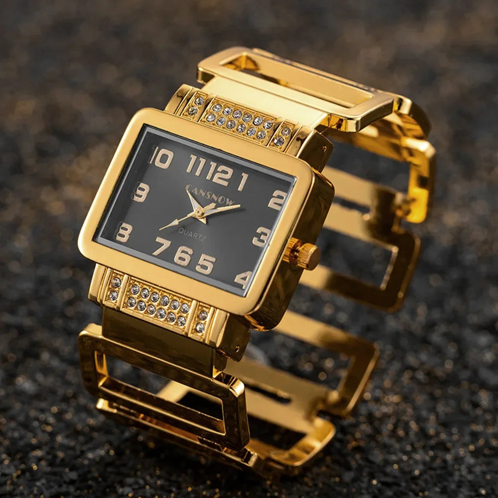 Gold and black rectangular Cansnow women's wristwatch with a sleek bracelet design, featuring a stylish and modern look.