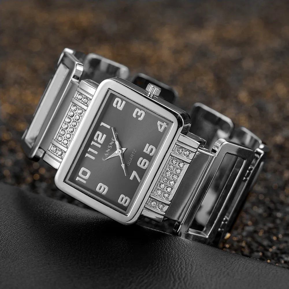 Gold and black rectangular Cansnow women's watch with a matching bracelet, featuring a sleek and modern design.