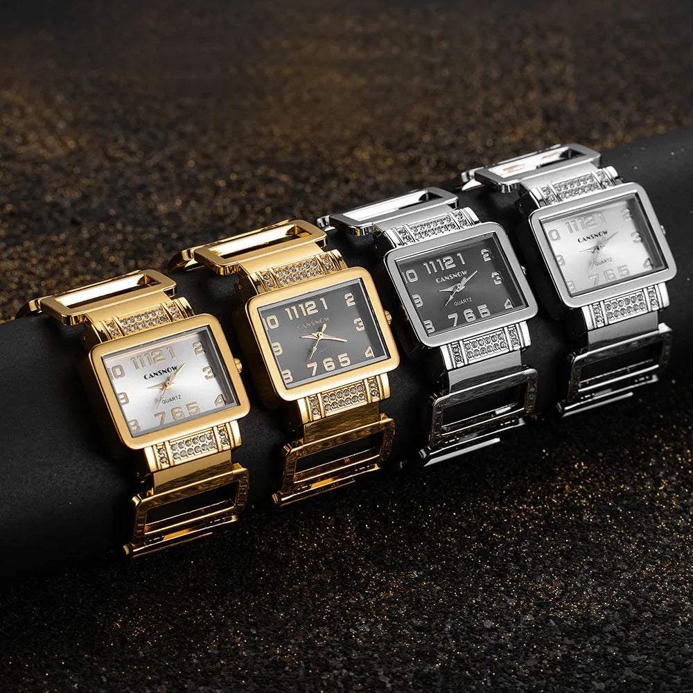 Gold and black rectangular Cansnow women's watch with a matching bracelet, featuring a sleek design and elegant style.