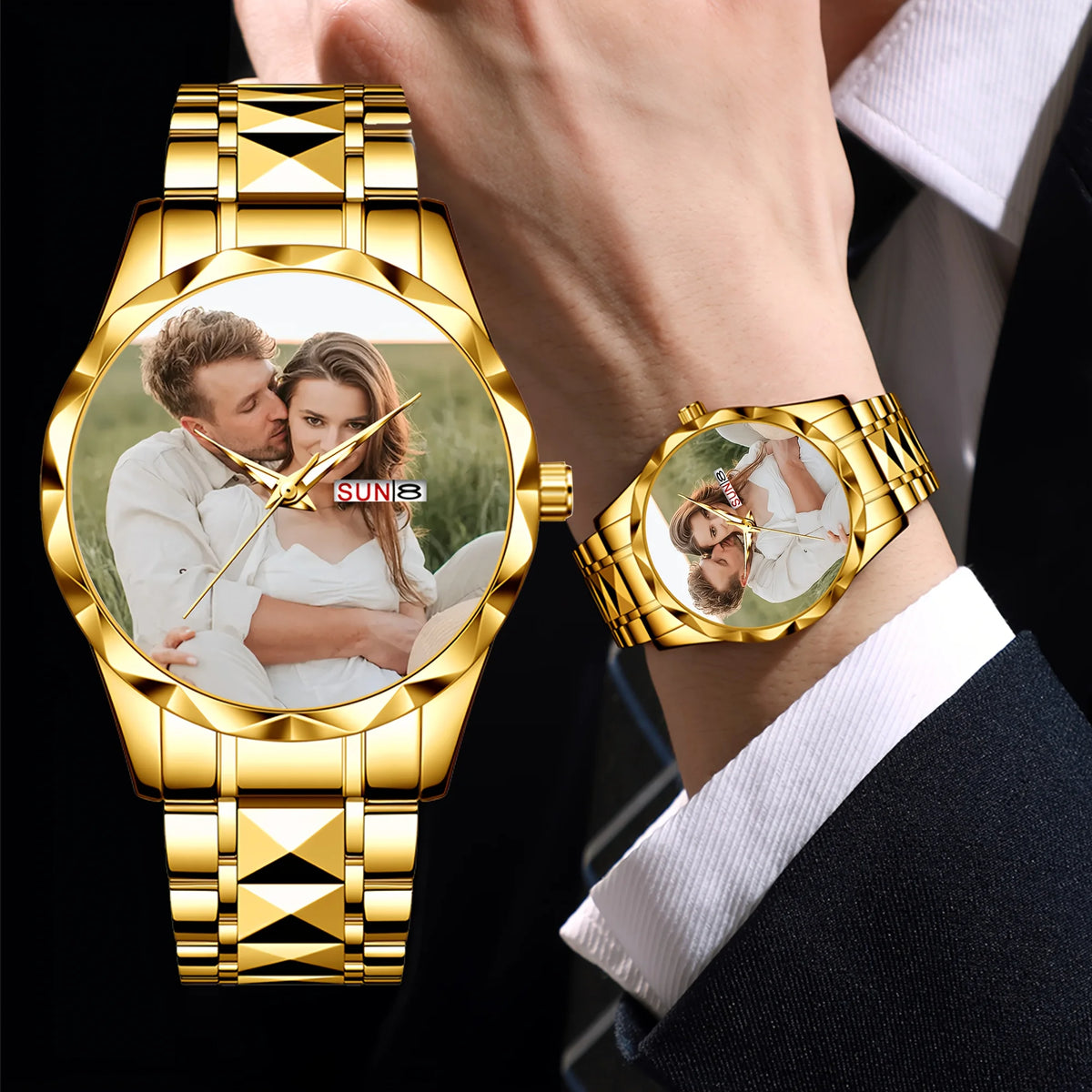 Gold inlaid customizable watch by Corporación Turística with personalized images, elegant design, and detailed craftsmanship.
