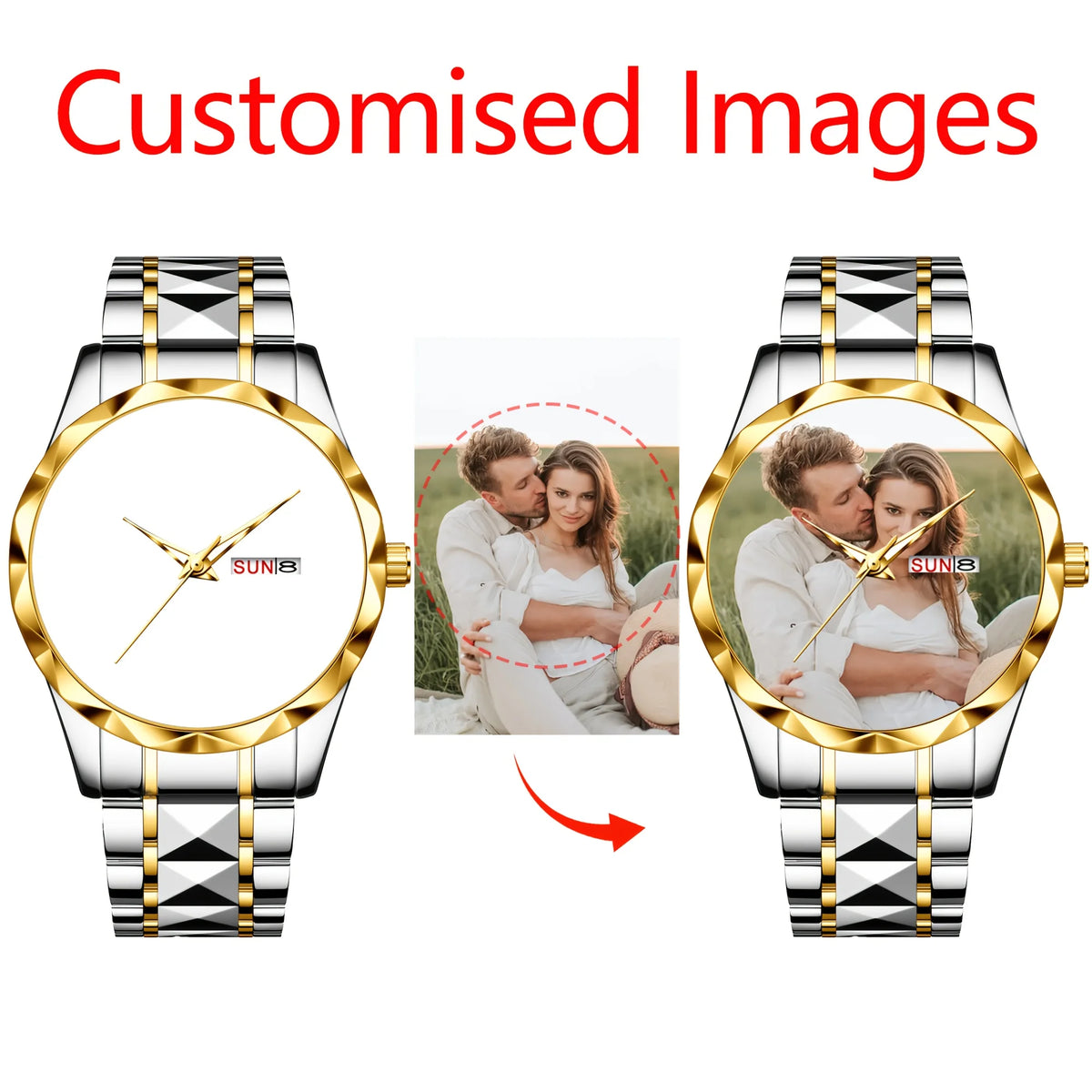 Gold inlaid customizable watch by Corporación Turística with personalized images, elegant design, and sleek appearance.
