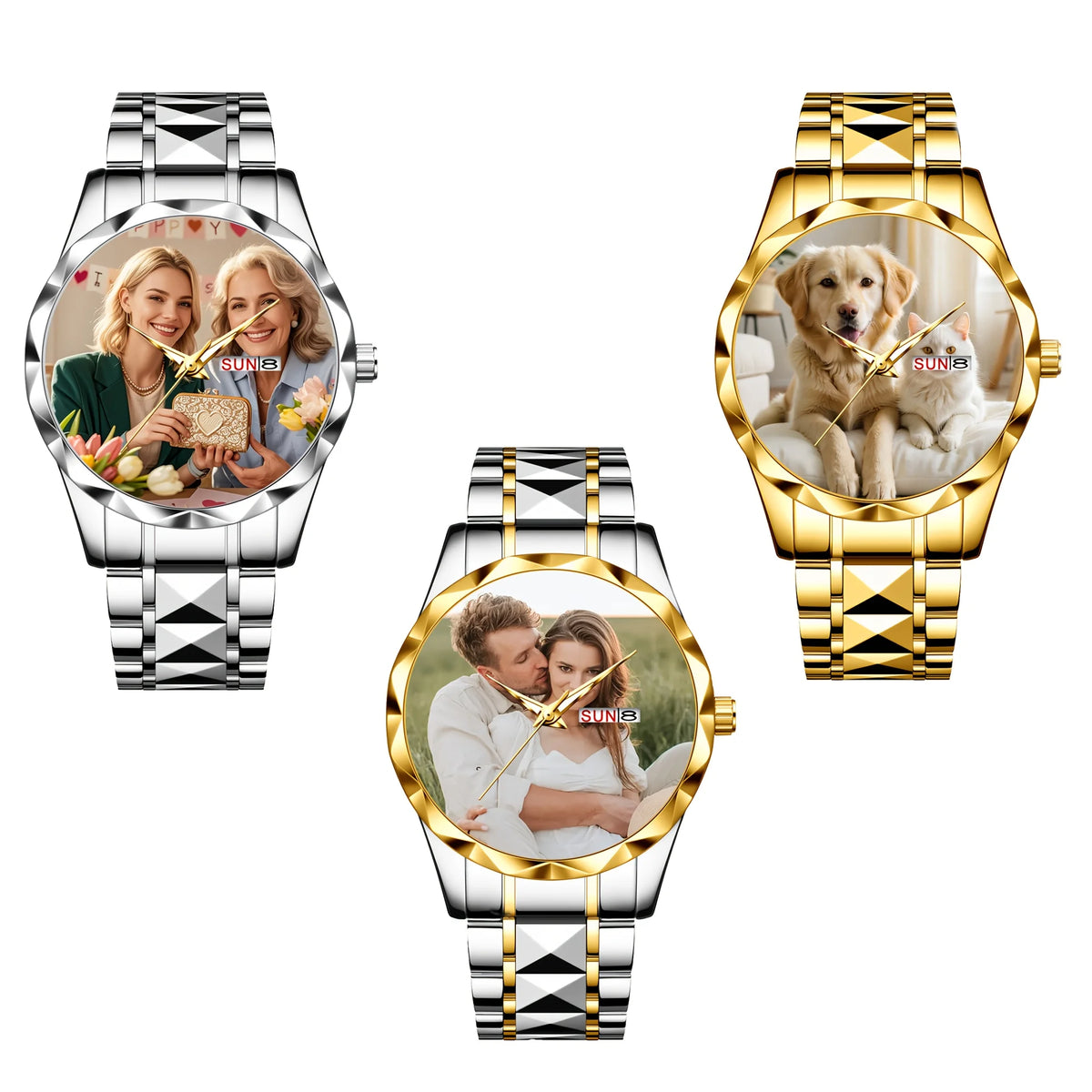 Gold-inlaid customizable watch from Corporación Turística featuring personalized images and elegant design.