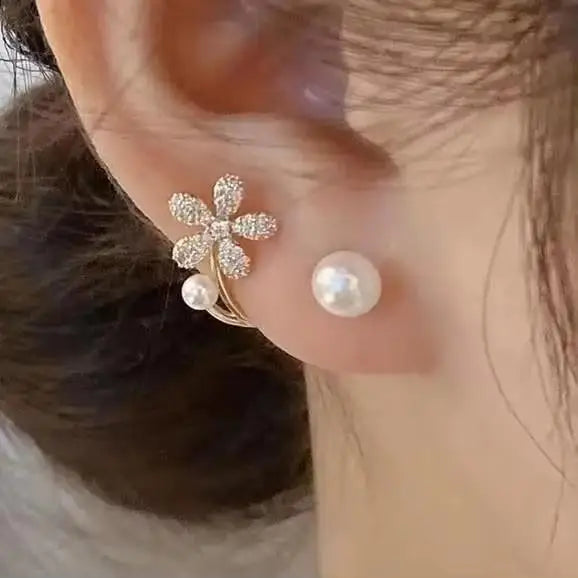 Gold and white Korean fashion zircon dangling earrings with intricate design, perfect for stylish women's accessories.