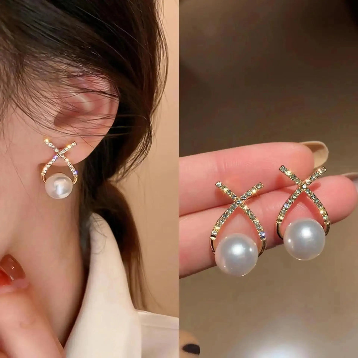 Gold and white Korean fashion zircon pendant earrings with dangling design, ideal for women.
