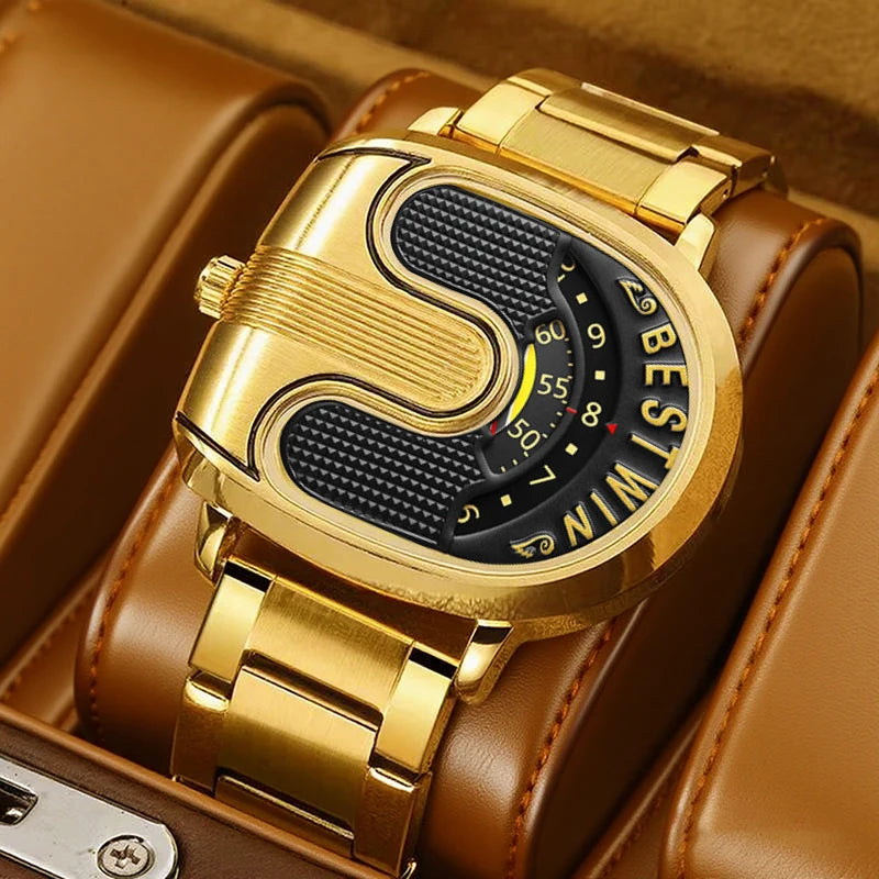 Luxury gold men's watch by Corporación Turística with a white dial and unique design, featuring a sleek band.