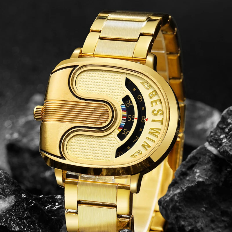 Luxury gold men's watch by Corporación Turística featuring a unique design and white band. Elegant and sophisticated timepiece.