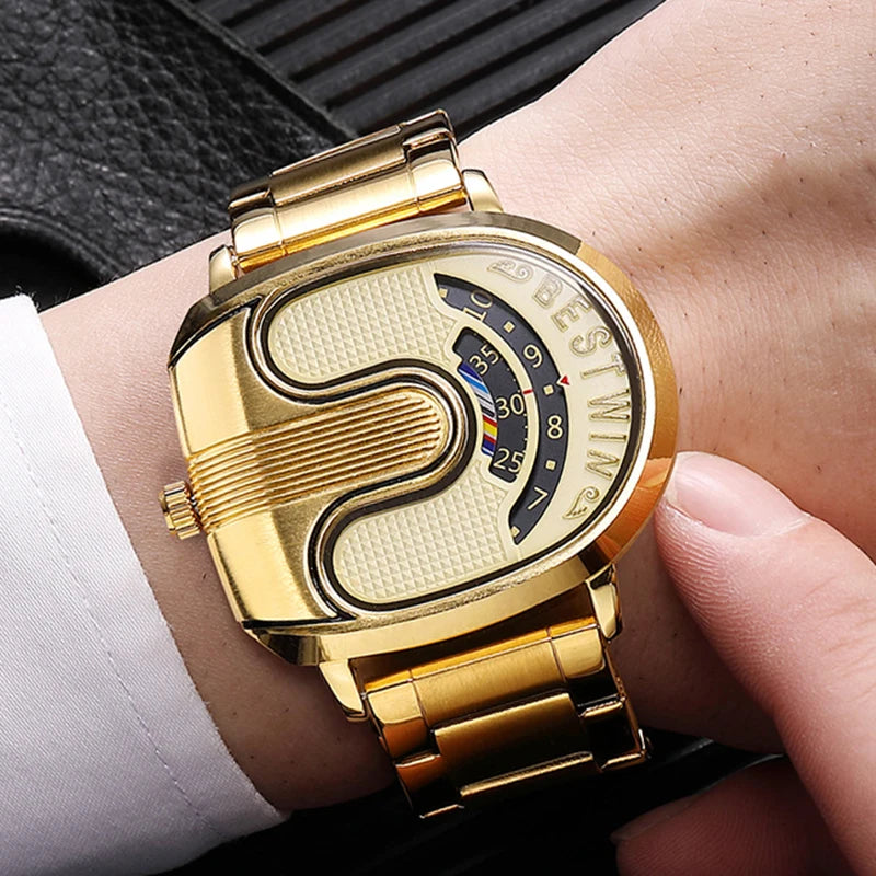 Luxury gold men's watch by Corporación Turística featuring a unique design and white band.