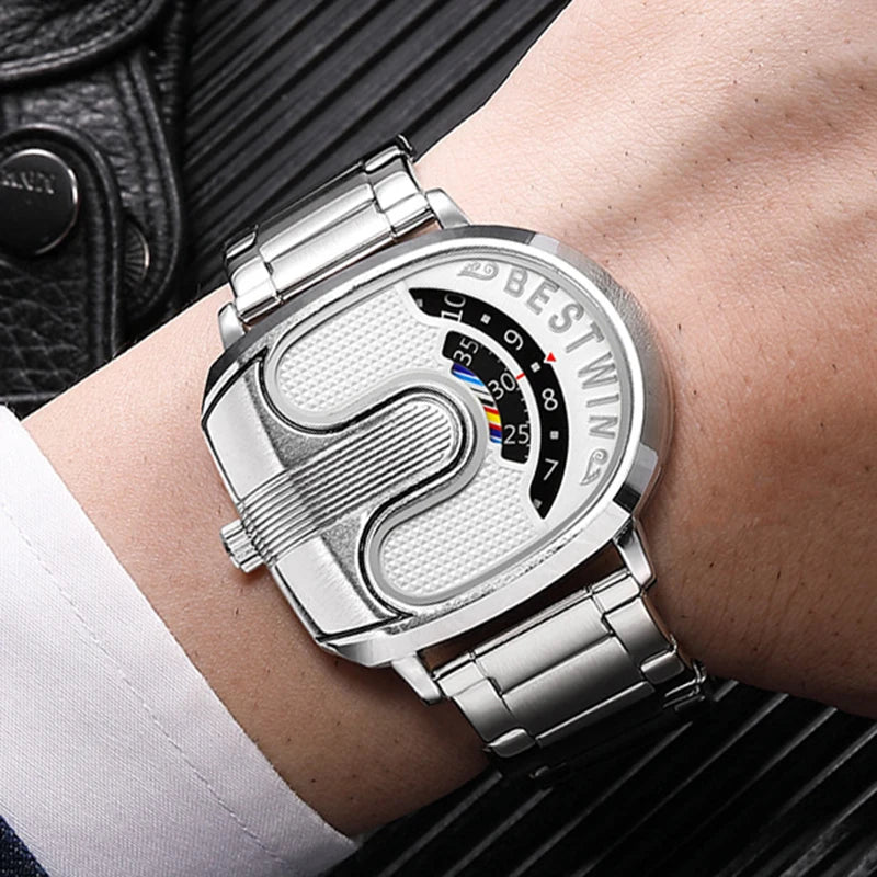 Luxury gold men's watch by Corporación Turística with a unique design and white band, showcasing elegant craftsmanship and style.