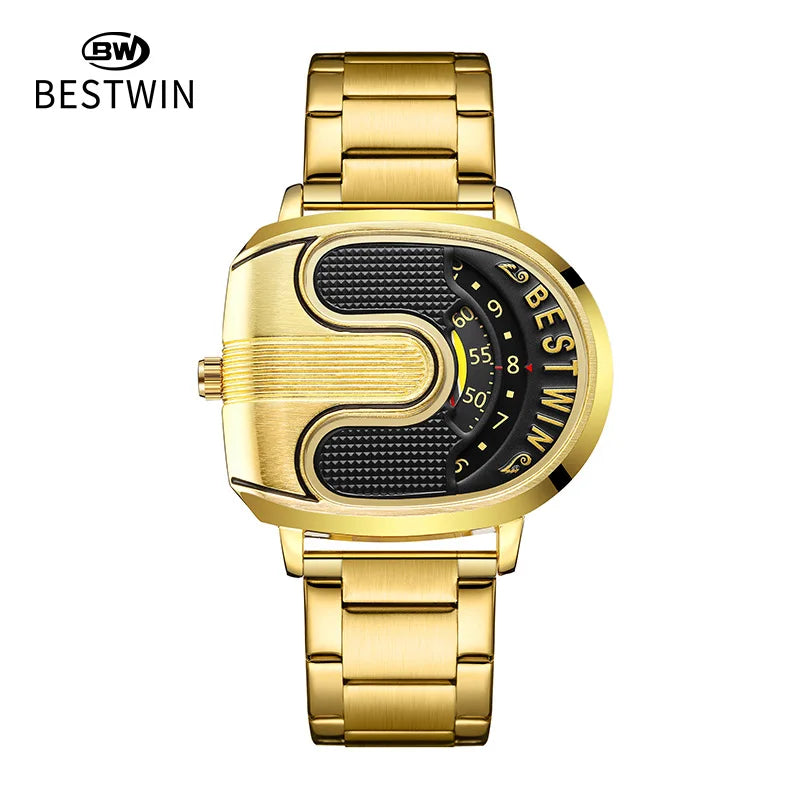Luxury gold men's watch with a unique design and white band, featuring elegant details from Corporación Turística.