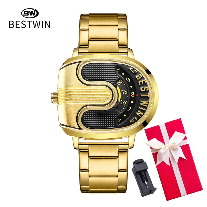 Luxury gold men's watch by Corporación Turística with a white dial and unique design, featuring a stylish band.