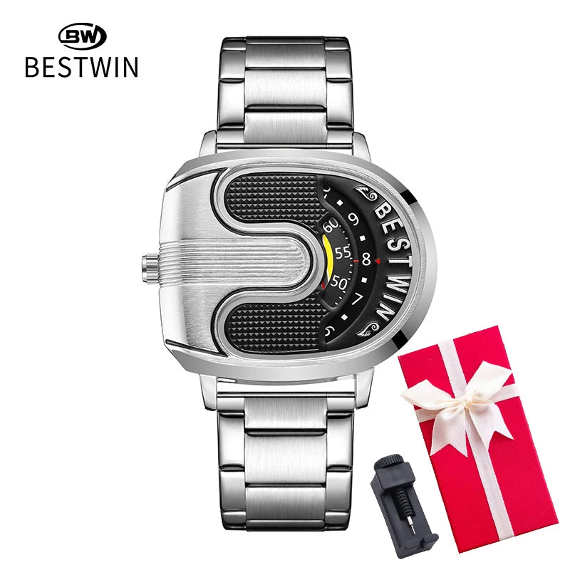 Luxury gold men's watch by Corporación Turística with a white dial and unique band design.