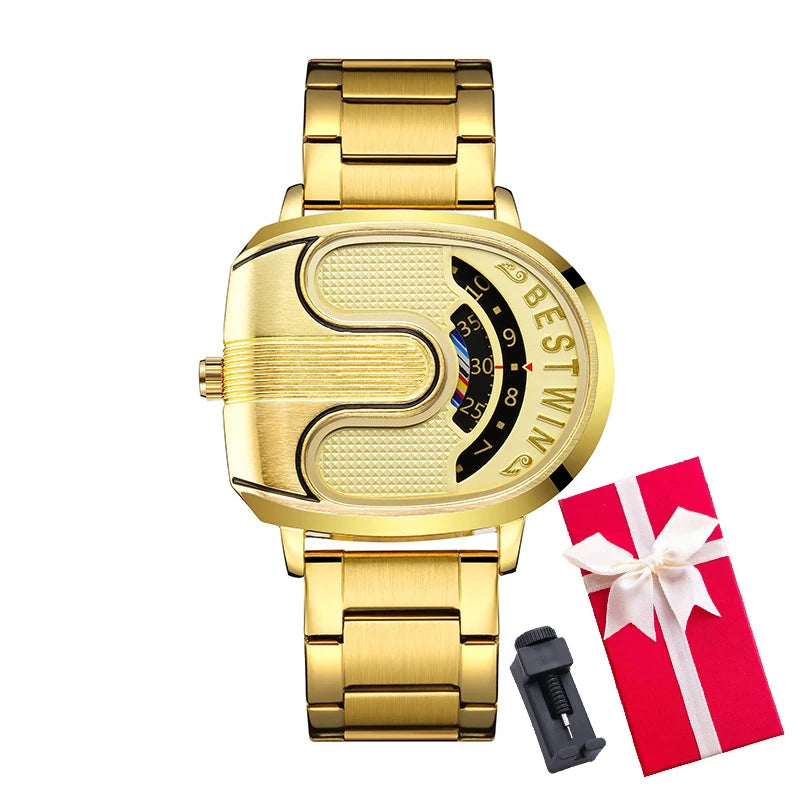 Luxury gold men's watch by Corporación Turística with a white dial and unique design featuring a stylish band.
