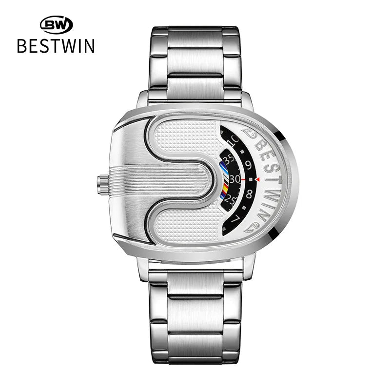 Luxury gold men's watch by Corporación Turística with a unique design and white band, showcasing elegant craftsmanship.