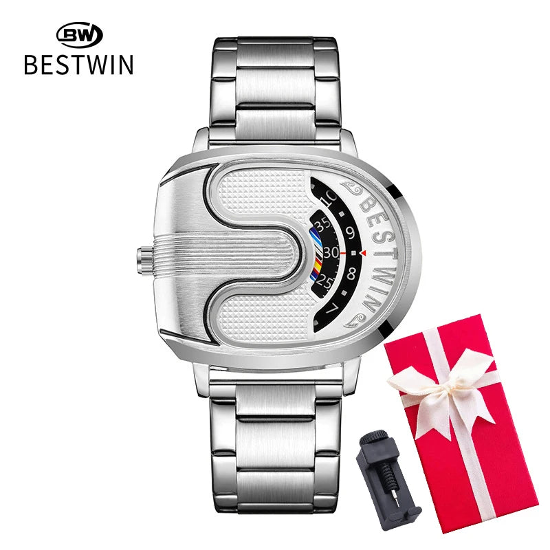 Luxury gold men's watch by Corporación Turística with a unique design and white band, showcasing elegant craftsmanship.