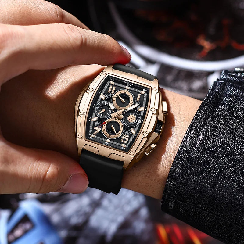 LIGE 2026 men's quartz watch with a square black dial and gold-tone case, featuring a sleek, modern design.